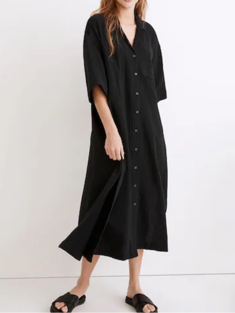 Madewell Lightestspun Cotton Cover-Up Maxi Black Button-Front Midi Shirt Dress